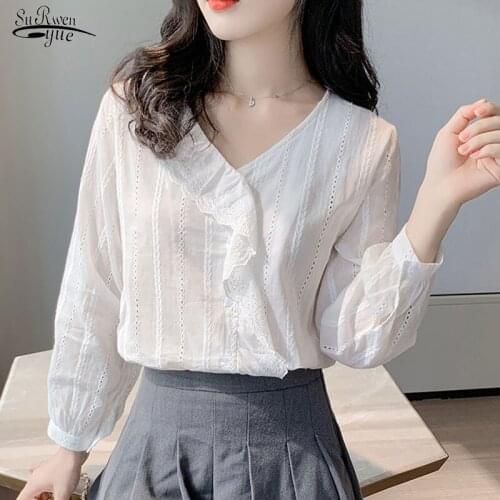 New 2020 Korean Style Solid Cotton Simple Women Tops and Blouses Sweet Ruffled V-neck Long Sleeve Shirt Women Ladies' Tops 10899