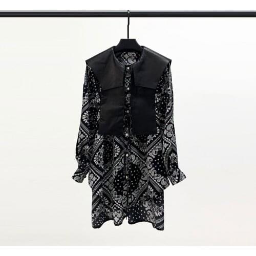 New Style Leather Shawl Dress Women Mid-length Sheep Skin Chiffon Shirt Printing Bottoming Shirt Blouses Woman Tops Blusas Mujer