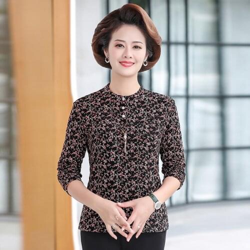 Warm Thick Women T-shirt Pullover Middle Age Mother Autumn Winter Velvet Bottom Shirt Long Sleeve Tee Shirts Femme Floral Tops