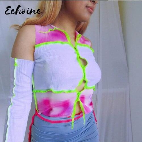 Women White Ribbed Patchwork Tank Tops 2020 Autumn Fashion O-Neck Removable Sleeve Ribbons Streetwear Party Clubwear Female Tees