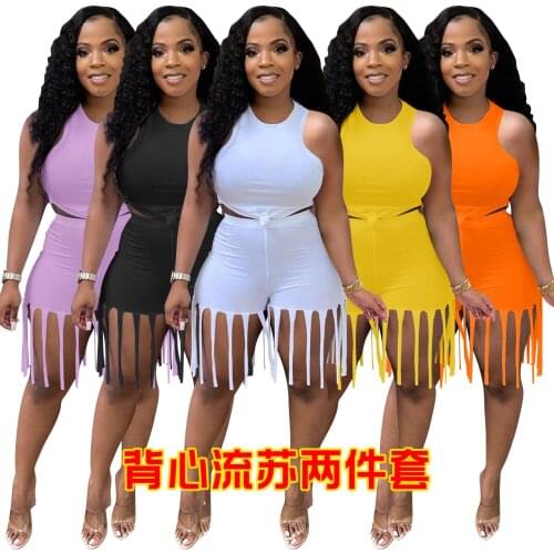 2021 Women Solid Tassel Tracksuit Summer Tank Crop Top Fringed Shorts Casual Active 2 Piece Set Drop Ship Wholesale Suit Outfits