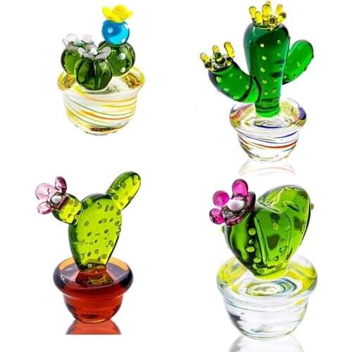 4pcs Home Decor Mini Cactus Glass Cactus Figurines Miniature Collectible Art, Suitable for Home and Office Countertop Decoration