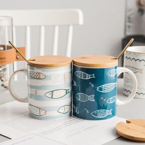 400ML Simple Ceramic Mug With Wood Lid And Stainless Steel Spoon Funny Novelty Gift for Teacher Mom Women Friend Lovers