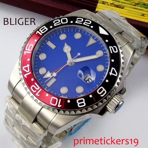 BLIGER self winding 40mm blue dial sapphire glass date ceramic bezel mental bracelet GMT mens watch 354