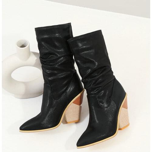 Brown Ankle Boots Woman Wedges Heels Slip-on Riding Boots Fashion Black Pointed Toe Short Boots Winter New Shoes 2021