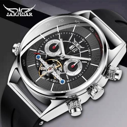 JARAGAR Tourbillion Fashion Black Silicone Clock Multi Function Display Mens Automatic Mechanical Watches Luxury Male Clock