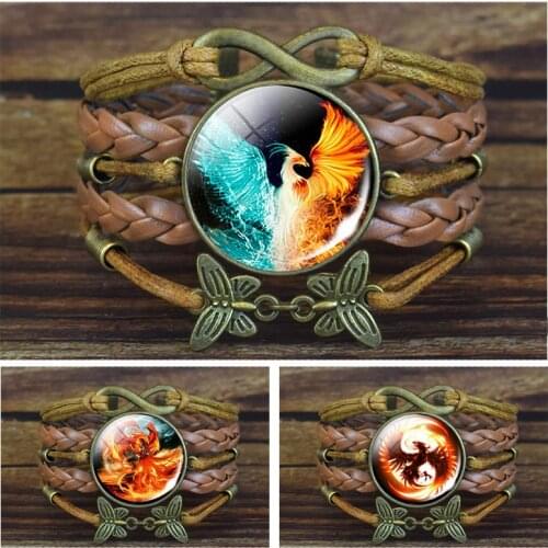 Fire Phoenix Brown Leather Bracelet Fashion Multilayer Woven Leather Bracelet Glass Cabochon Jewelry Bangle Women Gift