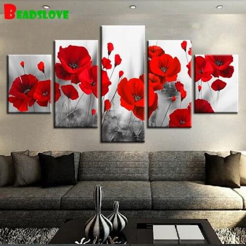 5 Pieces Romantic Poppies Paintings 5d diamond painting Red Flowers complete full square circle, diamond, embroidery, mosaic