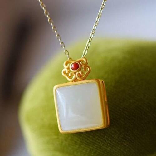 S925 Sterling Silver Geometric Square South Red Pendant Natural Hetian White Jade Necklace Fashion Ornament