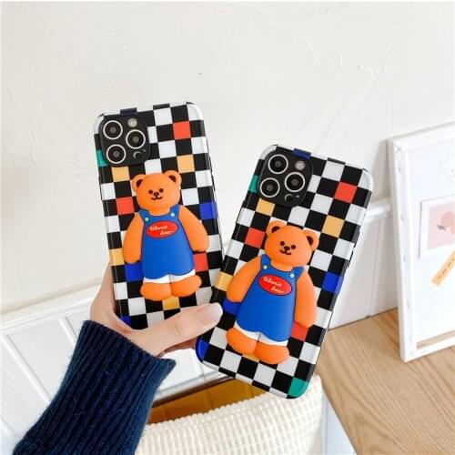 Cute Korea 3D Bear Phone Case For iPhone 11 Pro Max 12 X XS XR 7 8 Plus SE2020 Checkerboard Shockproof Soft TPU Cover Fundas