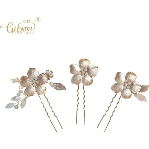 Lovely Bridal Headpiece Copper Flower Crystal Wedding Hair Comb And Hairpin Set Handmade Hair Accessories