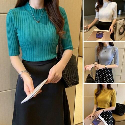 Fall Korean Style Womens Sweaters Solid Color Slim Fit Long Sleeve Knitted Pullover Jumpers