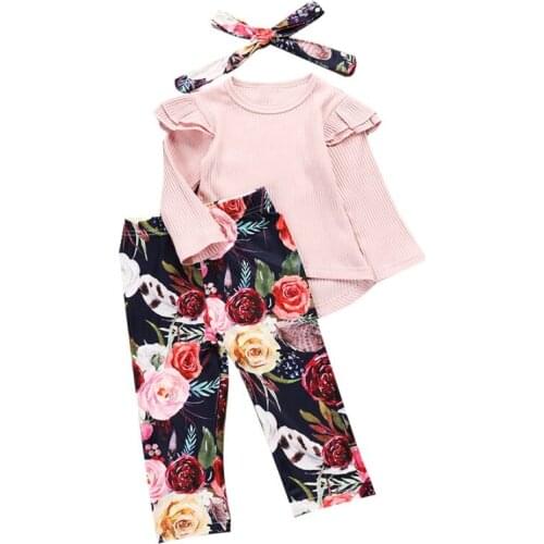 1-4t Children Girl Autumn Solid Color Knitted Top Flower Printed Pant Headband Three Pieces Sets girls sets S/M/L/XL