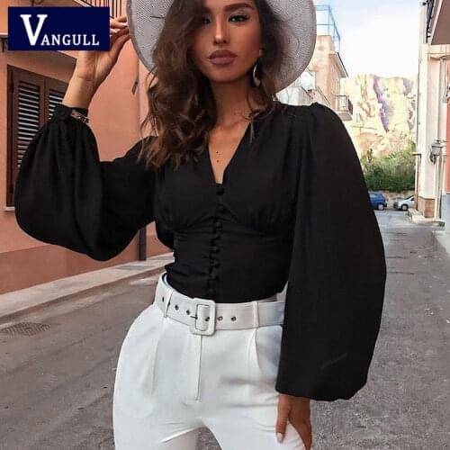 Vangull Sexy Deep V-neck Front Button Solid Shirt Women Slim Spring New Lantern Long Sleeve Casual Fashion Elegant Black Blouse
