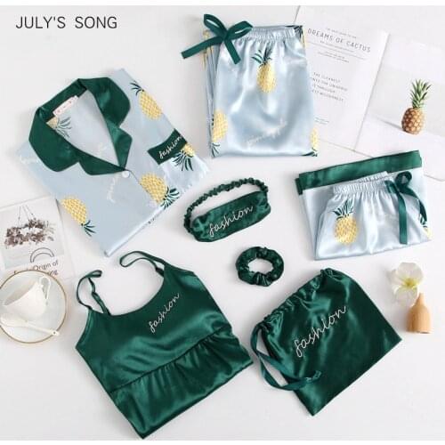 JULYS SONG 7 PCS Satin Women Pajamas Sets Spring Summer Long Sleeve Shirts Pants Homewear Printed Faux Silk Sleepwear Pijama