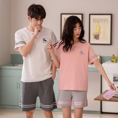 Cotton Pajama Pajamas Set Solid Splice Loose Short Sleeve Cropped Tops+Shorts Sleepwear Lady Pajamas