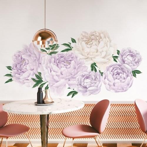 Poeny-Purple Flowers And Leaves Wall Sticker Living Room Bedroom Decoration Corridor Large Stickers Self-Adhesive Wallpaper