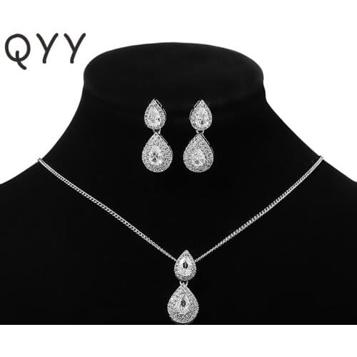 QYY Fashion Cubic Zirconia Necklace and Earrings Set for Women Accessories Bridal Wedding Jewelry Sets Party Jewellery Gifts