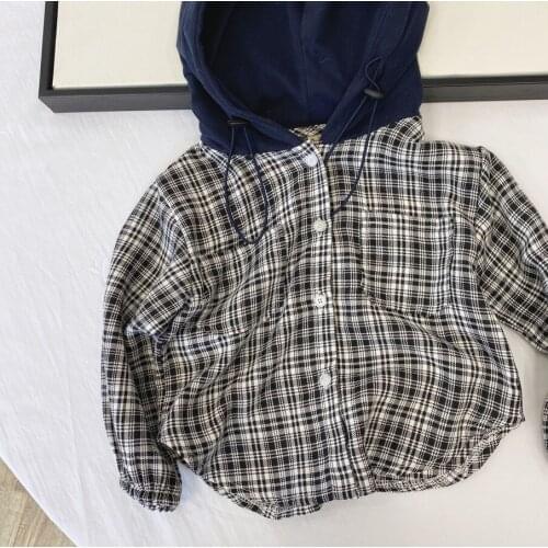 Boys' Shirt 2021 Autumn New Vintage Plaid Patchwork Hooded Shirt Childrens Cotton Casual O-Neck Korean Shirt Top Boys Clothes