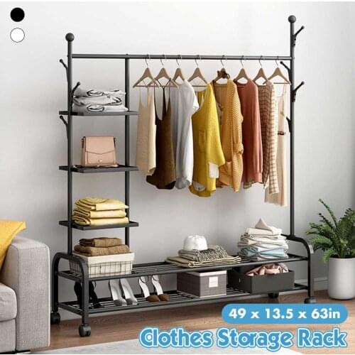 Removable Bedroom Hanging Clothes Rack with Wheels Floor Standing Coat Rack Multi-function Modern Wardrobe Hanger Storage Rack