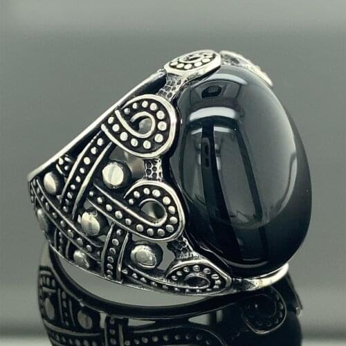 Silver Handmade Ring , Onyx Stone Ring , Oval Onyx Stone Ring , , Ottoman Style Embroidered Ring