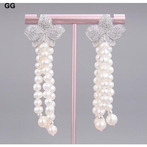 GuaiGuai Jewelry 2.5'' 4-5MM White Pearl CZ Earrings