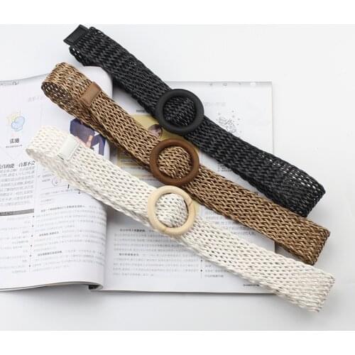 Round Buckle Skirt Belt Wax Rope Braiding Women Belt Womans Vintage Knitted Waist Belt Woven Female Elastic Braided Belt