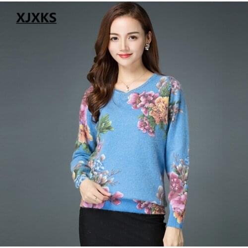 XJXKS Best Quality Cashmere Sweater Print Flower Women Pullover Sweaters Plus Size Winter Clothes Women Knitted Jumper