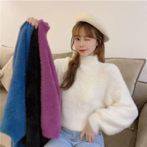 Half High Neck Warm Sweater Womens Loose Solid Color Sweater In Autumn Winter Thickened Imitation Mink Hair Sueters De Mujer