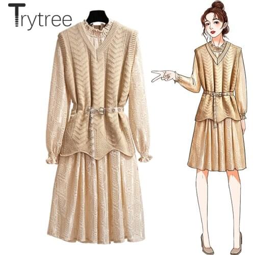 Trytree Autumn Winter Women Two Piece Sets Casual V-Neck Vest + Dress Lace Print Belt Mini Fashion Office Lady Set Piece 2 Set
