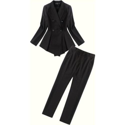 Spring professional set women High-end female jacket double-breasted waist slim slimming small suit + pants Two-piece OL set New