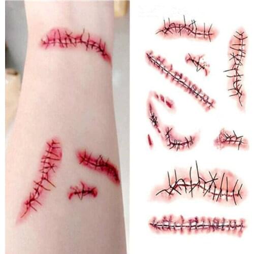 Temporary Tattoo Stickers Non-toxic Long Lasting Halloween Terror Realistic Stitched Injuries Wounds Body Makeup Tattoo Stickers