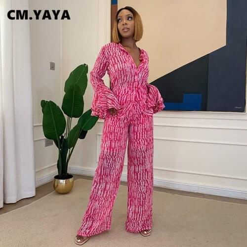 CM.YAYA Women Set Print Full Sleeve O-neck Single Breasted Loose Tops Wide Leg Pants Two 2 Piece Sets Fashion Outfit Autumn 2021