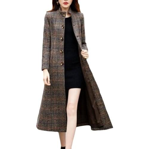 New Plaid Woolen coat Woman Autumn winter Long Wool coats High quality Womens Korean Fashion Plus size outerwear coats F612
