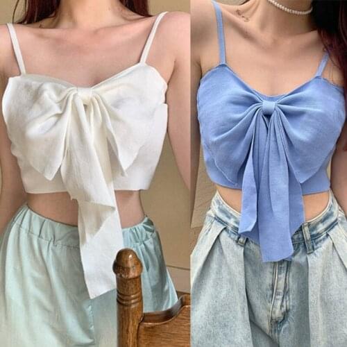 066C Women Spaghetti Strap Knitted Camisole Sweet Big Bow Knot Front Slim Crop Top Kawaii Solid Color Basic Sling Vest Shirt
