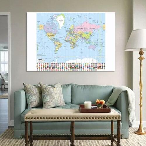150*100cm Map of The World with National Flags Vinyl Fabric Canvas Painting Wall Art Poster Office Home Decor School Supplies