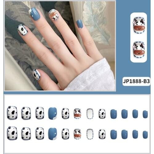 24pcs 3D Little Cow Nail Patch Blue Glue Type Removable Short Paragraph Fashion Manicure Save Time False Nail Patch