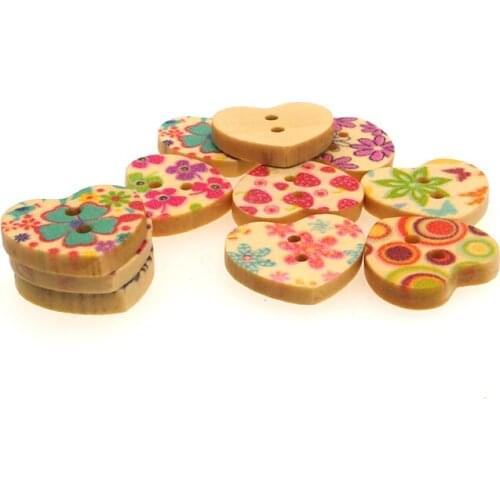 30pcs Wood Buttons Heart Shape Flower Painting MIxed Sewing Button Scrapbooking Embellishments Crafts DIY Decorative WC0056 18mm