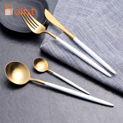 4pcs/set Western Cutlery Dinnerware Gift Gold White Stainless Steel Classic Dinner Set Knives Forks TeaSpoons Wedding Dining