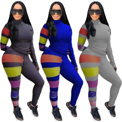 AR5586 European and American 2021 sexy womens clothing fashion solid color high neck zipper paint color stripe two-piece suit