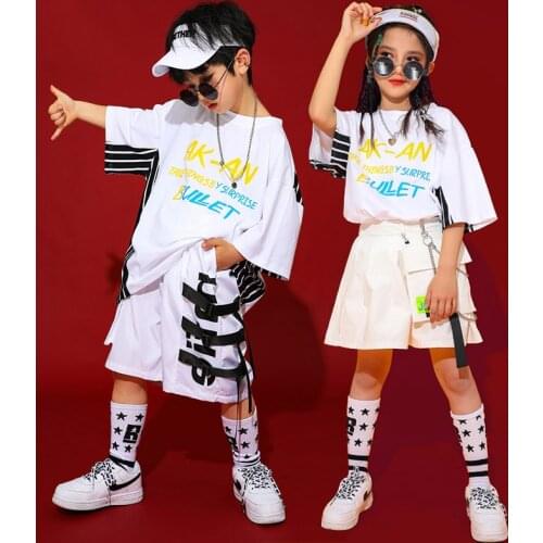White Jazz Dance Costume Kids Hip Hop Practice Wear Street Dance Printing Stage Performance Clothing Hiphop Rave Clothes DC4946