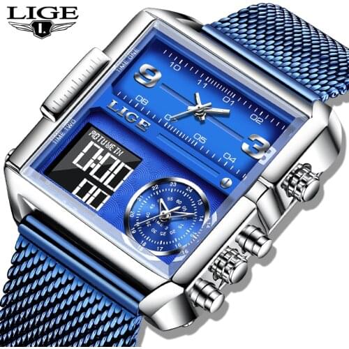2021 New LIGE Top Brand Luxury Fashion Men Watches Stainless Steel Sport Square Digital Analog Big Quartz Wristwatch for Men+Box