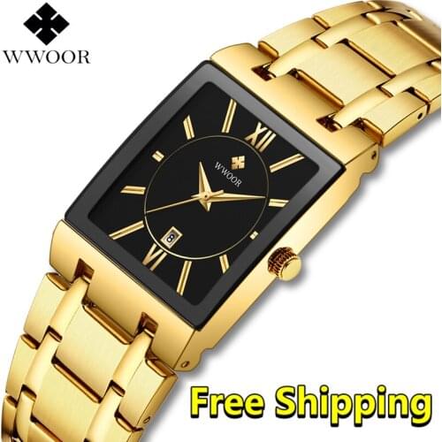Watch Men Luxury Brand 2019 New WWOOR Gold business Square Watch Man Quartz Wristwatch Men Waterproof Golden relogio masculino