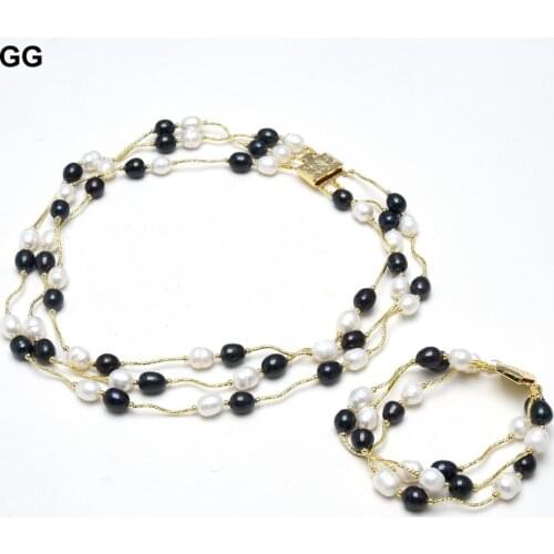 GuaiGuai Jewelry 3 Strands Natural Cultured Freshwater White Rice Pearl Black Pearl Necklace Bracelet Sets Handmade For Women