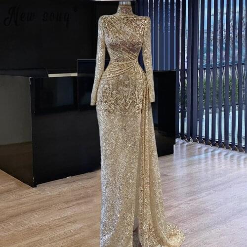 Illusion High Neck Long Sleeve Evening Dresses With Split Side Prom Dress 2021 Sparkly See Through Long Formal Gowns Robes