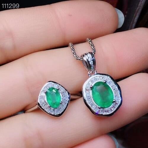 KJJEAXCMY exquisite jewelry 925 Silver-inlaid Natural Emerald Girl Ring Pendant Set Support Detection