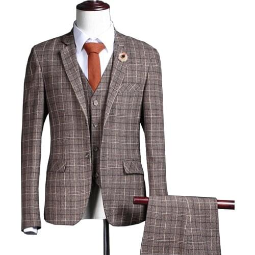 3 Pieces Suit Mens Plaid Wedding Suits Groom Tweed Wool Brown Tuxedos For Wedding (Blazer+Pants+Vest+Tie)