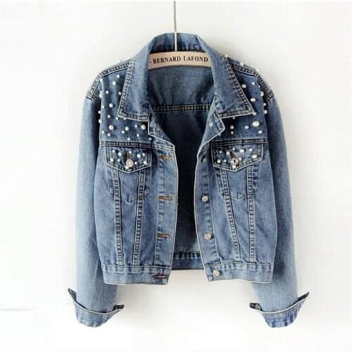 Oversized Denim Jacket Womens Pearl Beaded Casual Long-Sleeved Jacket Autumn Fashion Streetwear Women Denim Short Jacket