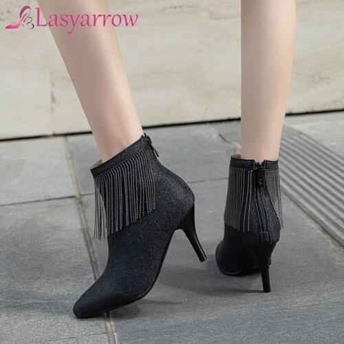 Lasyarrow Fashion Stiletto Women Shoes Silver Black Chain Fringe High Heel Sexy Ankle Ladies Boots Party Date Pointed Toe Bootie