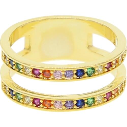 US # 6 7 Gold fashion women jewelry double cz line H letter with multi rainbow cubic zirconia women finger ring